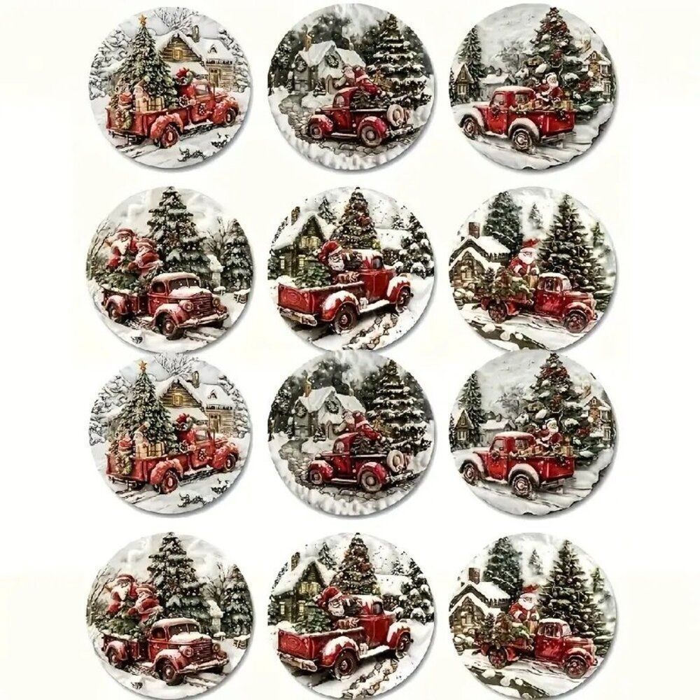Festive Holiday 12pcs Set of Wooden Coasters, Christmas Tree & Santa